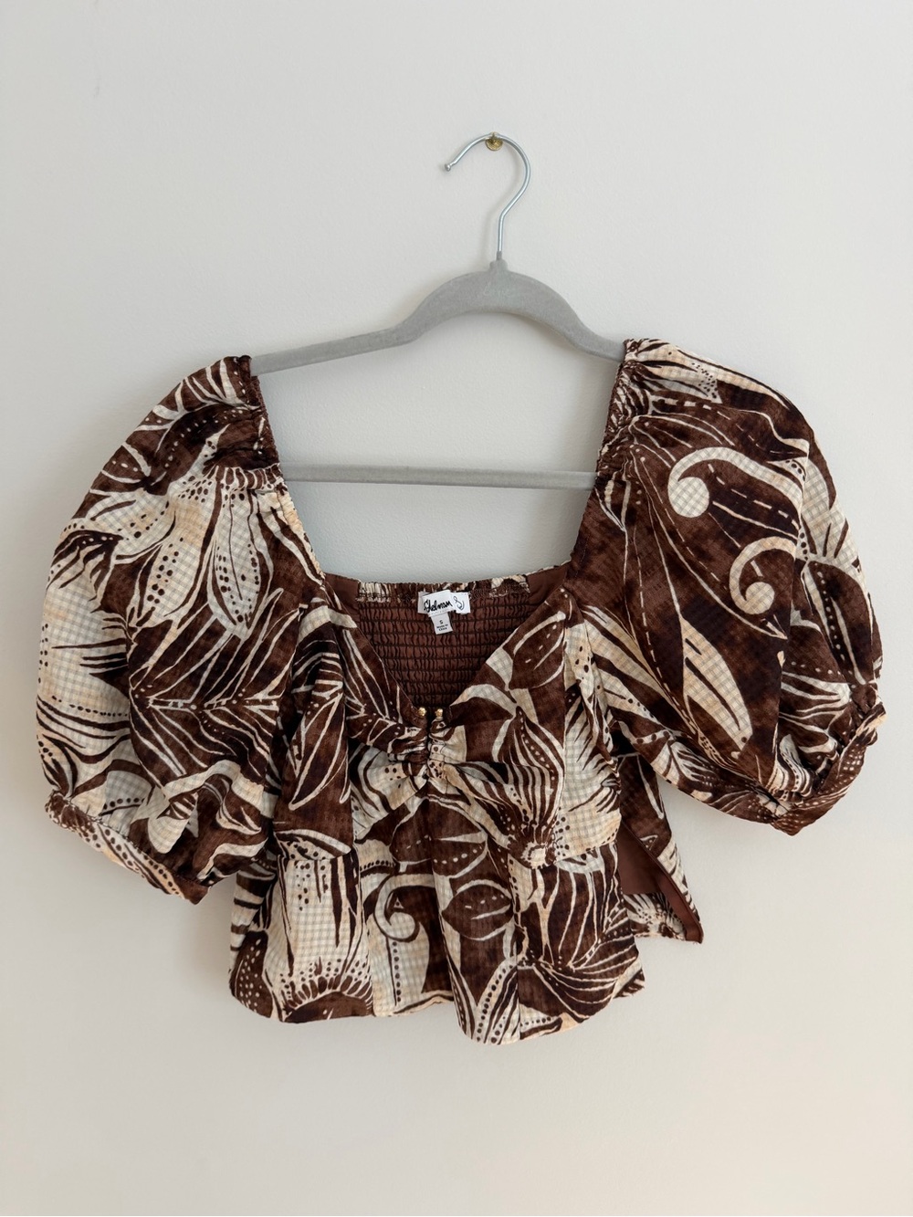 Sam Edelman Brown and Cream Floral Puff-Sleeve Crop Top